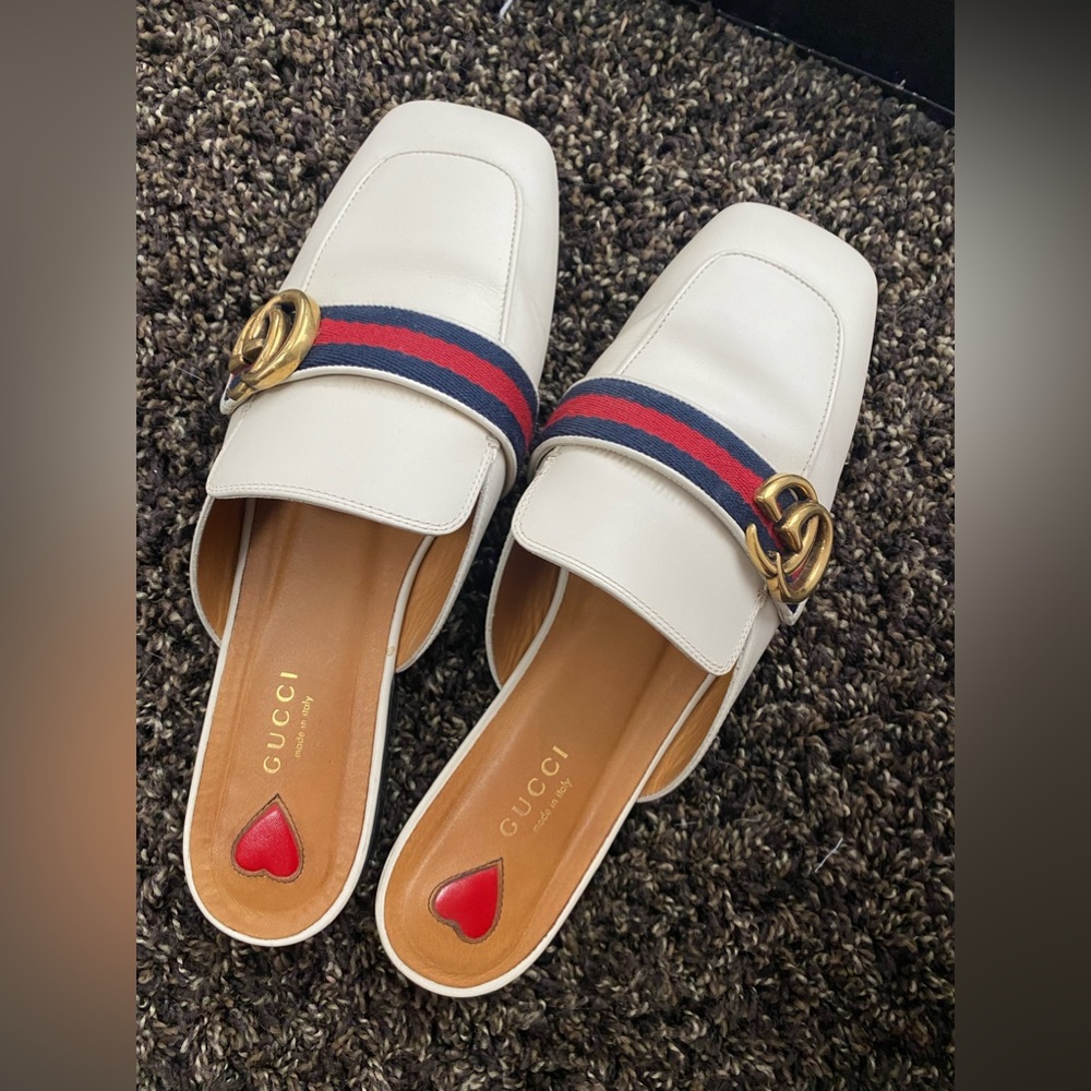 Gucci Peyton white leather GH logo mules loafers